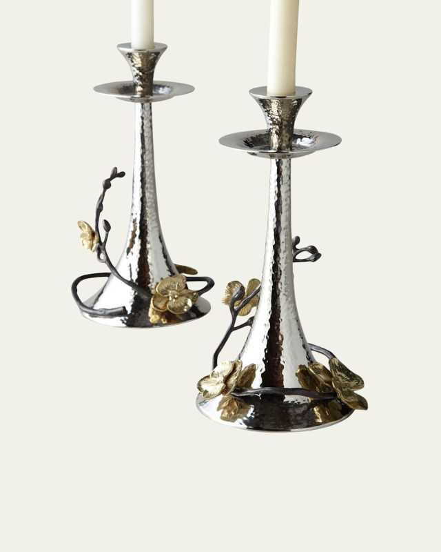 Two Gold Orchid Taper Candleholders